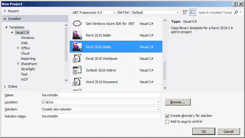 Visual Studio Revit add-in wizard for Revit 2016
