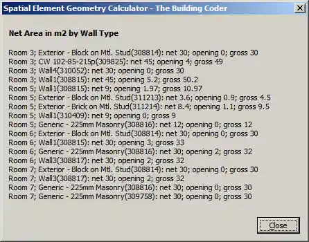 Net, opening and gross area by wall type