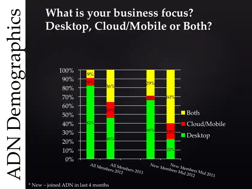 ADN members' business focus worldwide in 2012 and 2013, new versus old