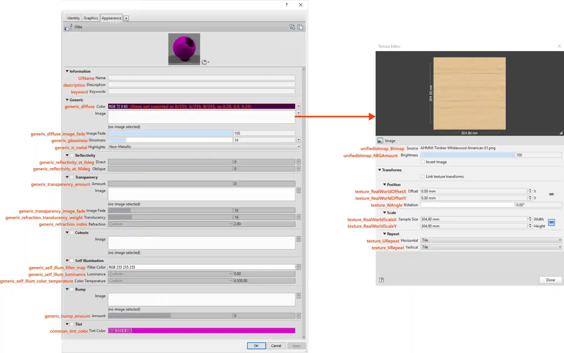 Material appearance asset property mapping Material appearance asset property mapping