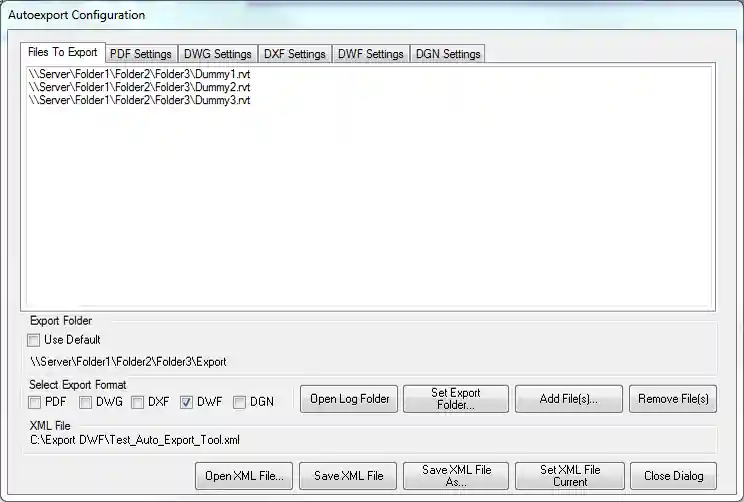 Autoexport configuration and file list
