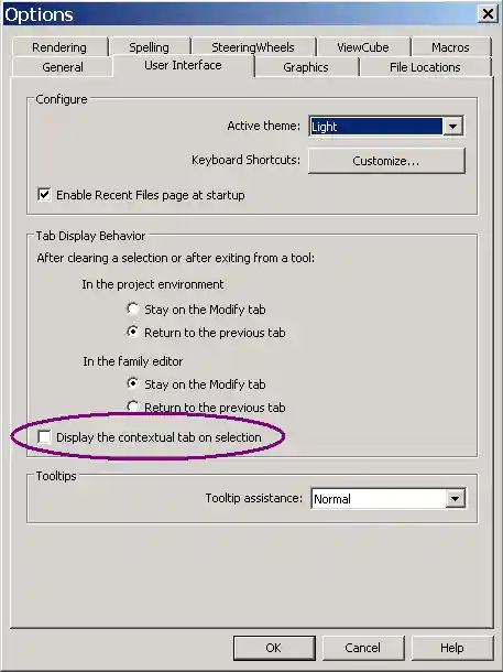 Ribbon tab context selection option