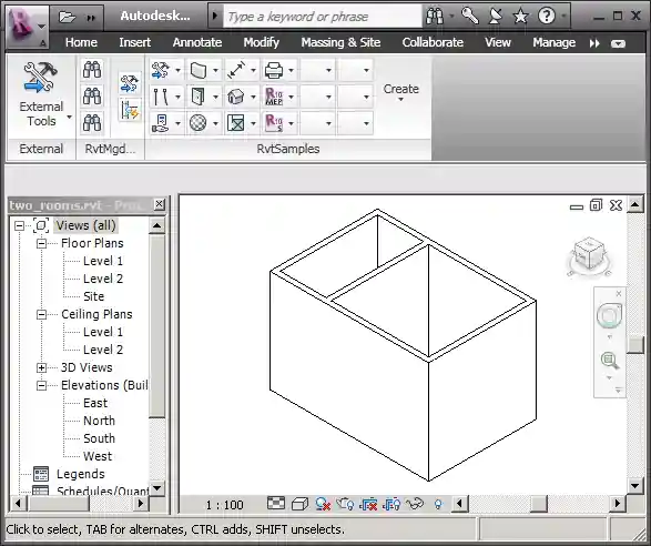 Sample model with 3D view of two rooms