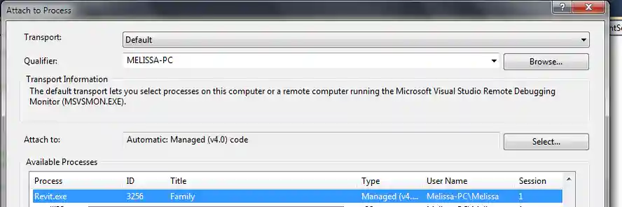 Attach to Revit.exe process