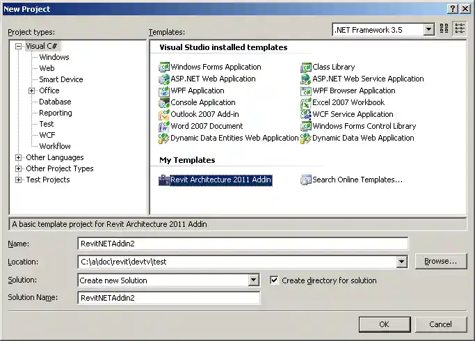Template in new project dialogue
