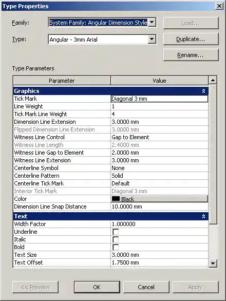 Angular dimension style element properties