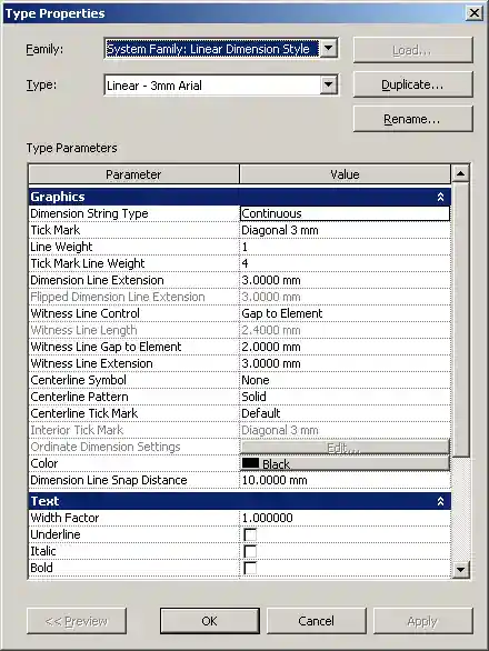 Linear dimension style element properties