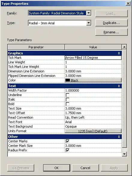 Radial dimension style element properties