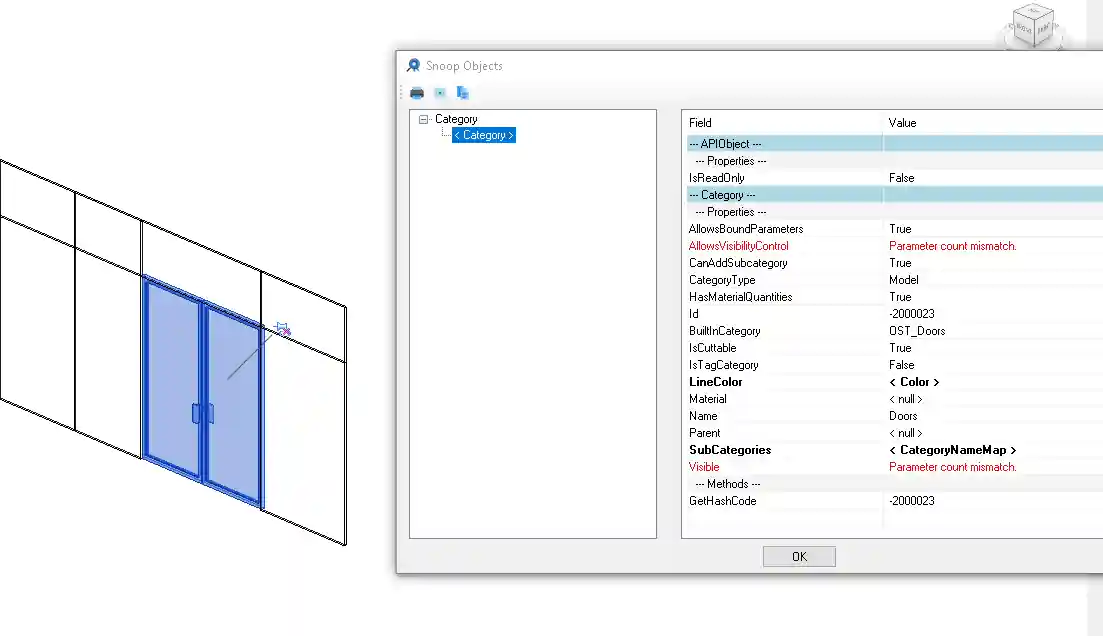 Snoop door in curtain wall