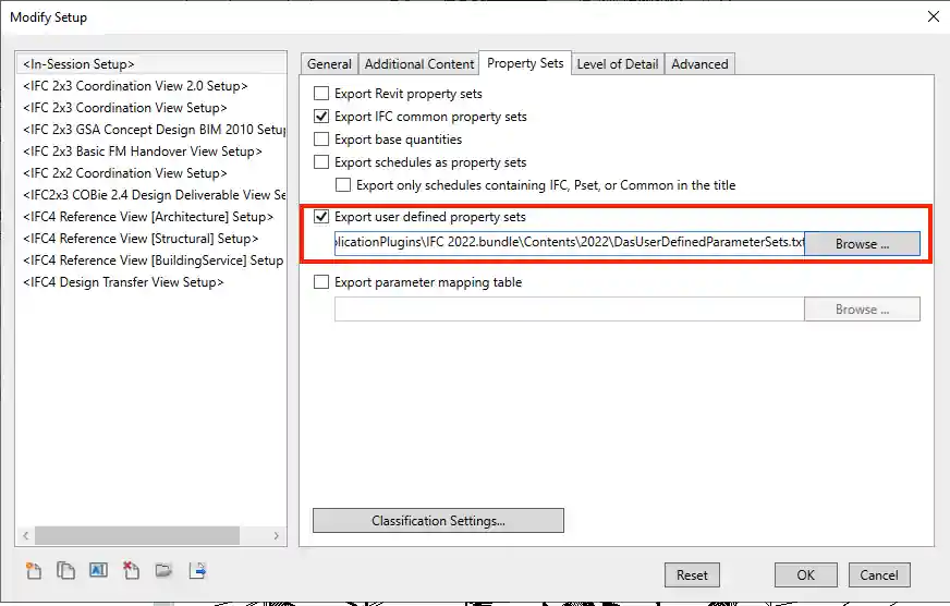 Custom property sets in IFC export setup Custom property sets in IFC export setup