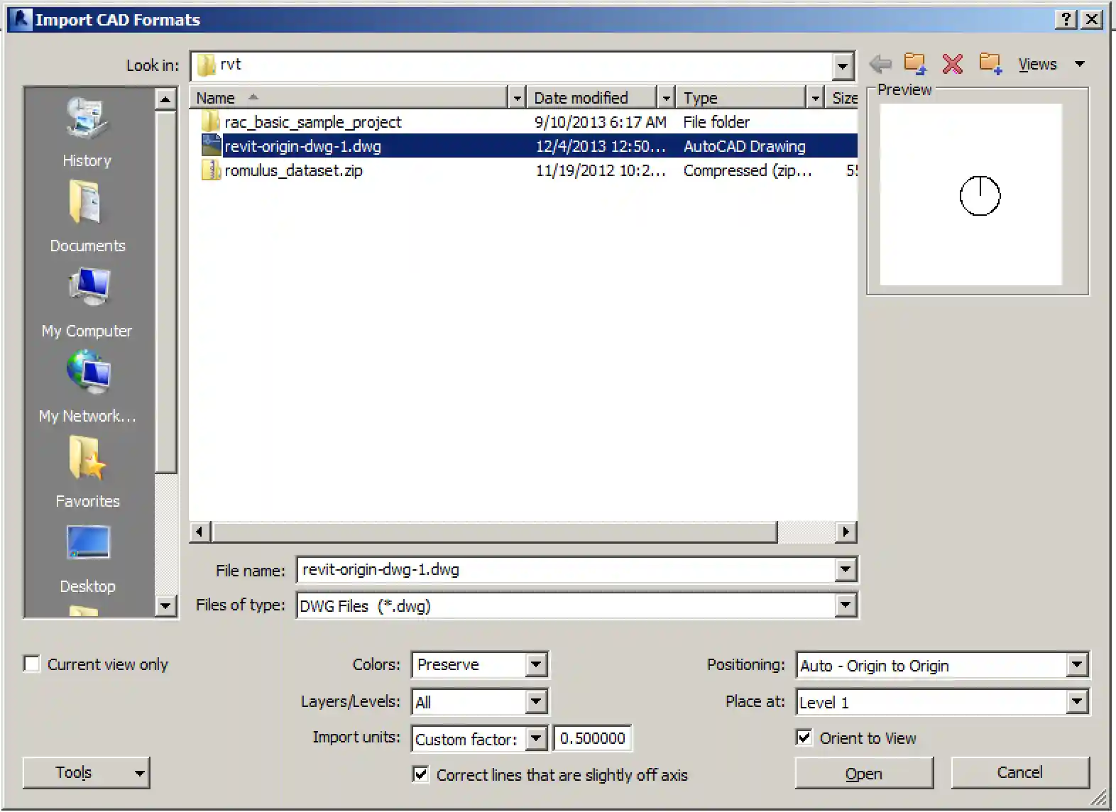 Importing the origin marker DWG