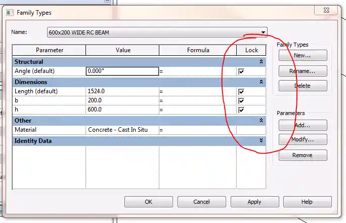 Family Type Parameter Locking User Interface