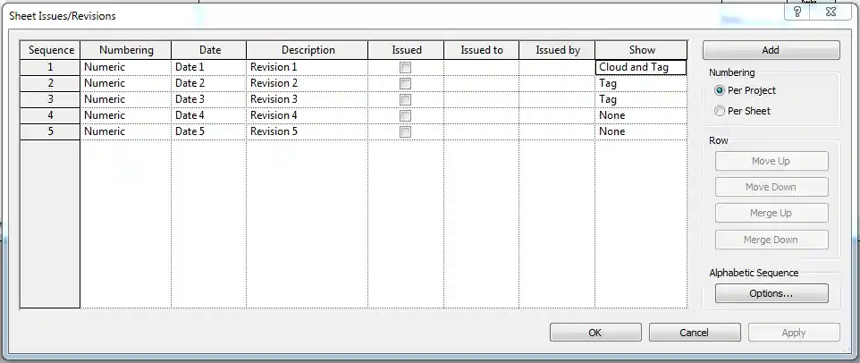 Sheet Issues Revisions dialogue