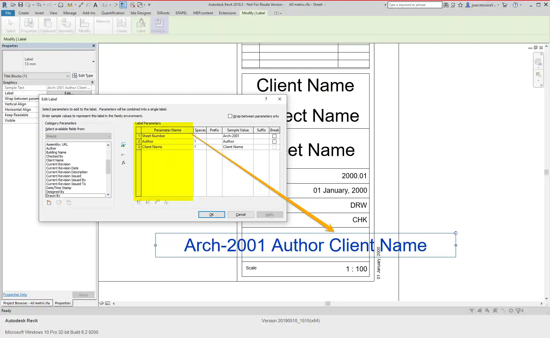 Title block label parameters