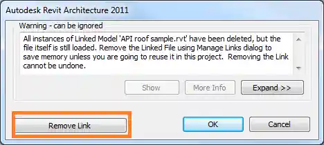 Delete linked RVT file dialogue
