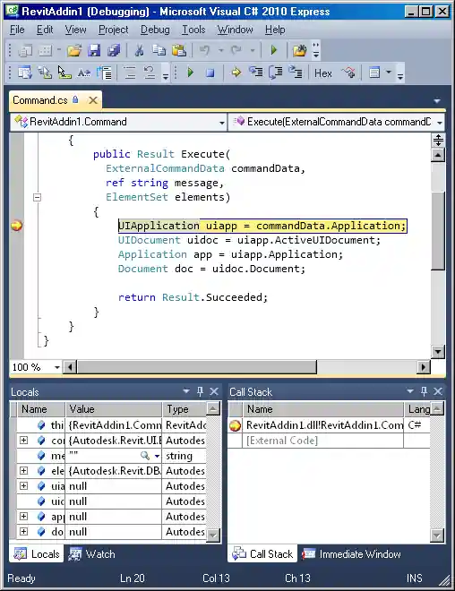 Visual C# Express debugging the Revit add-in