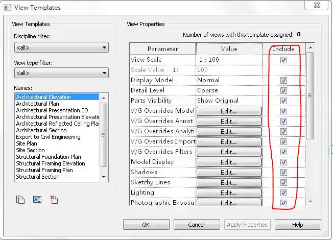 View template include checkboxes