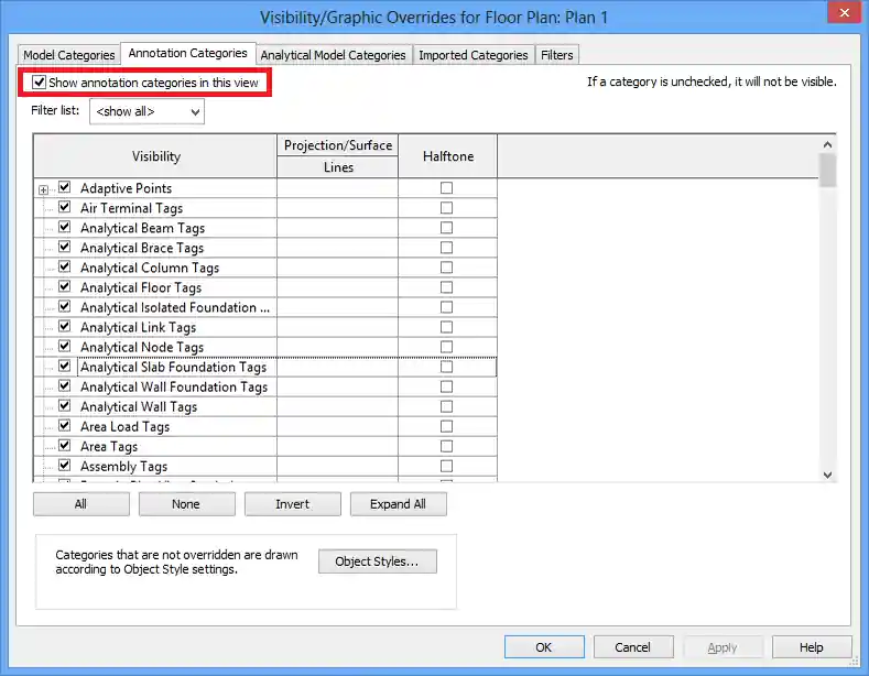 Visibility/Graphics Overrides dialogue