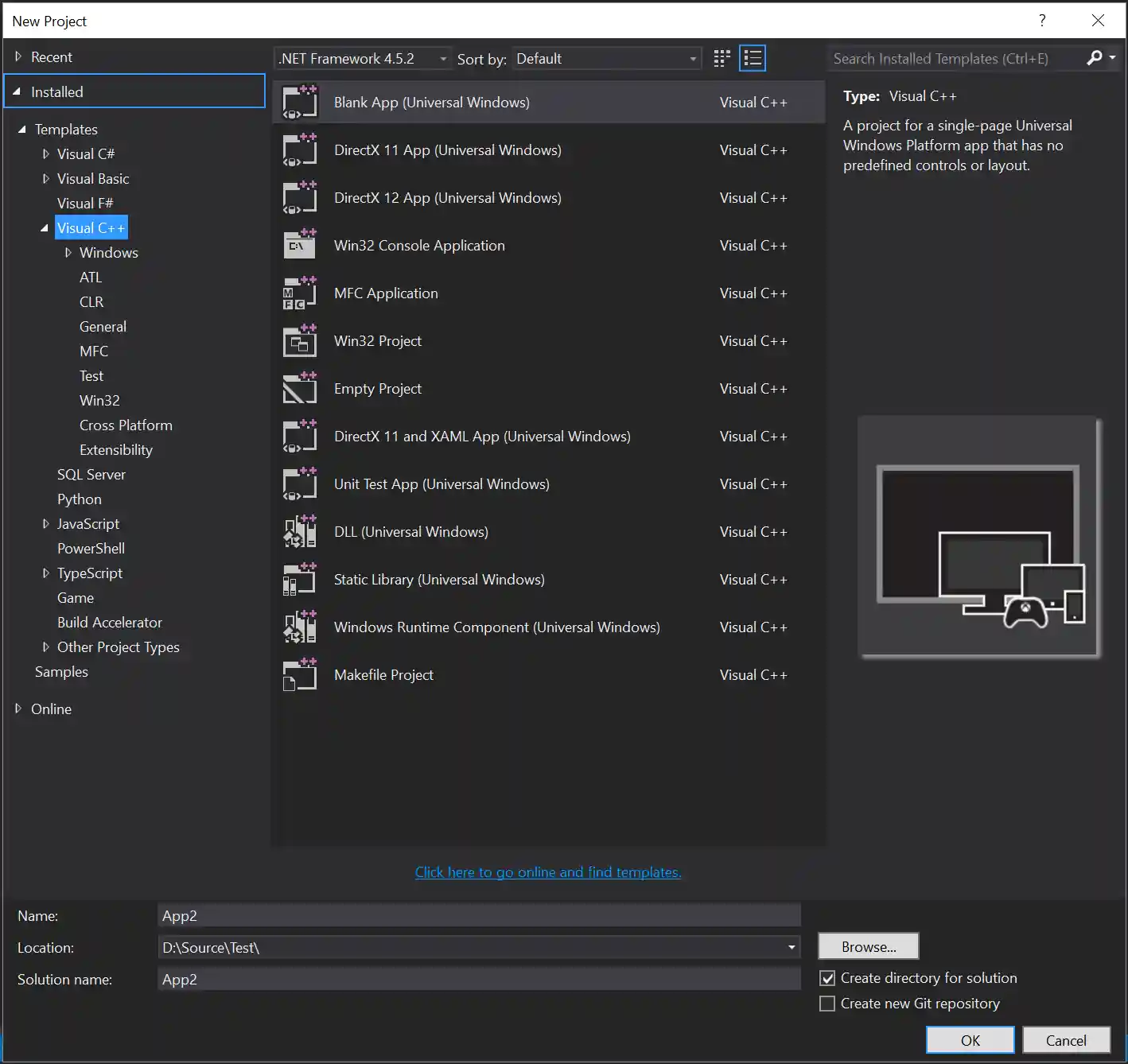Visual Studio C++ new project wizards