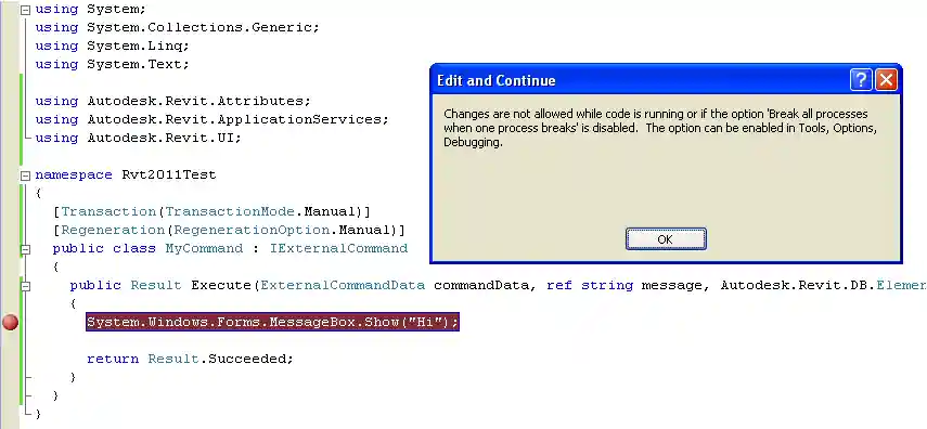 No changes allowed while debugging