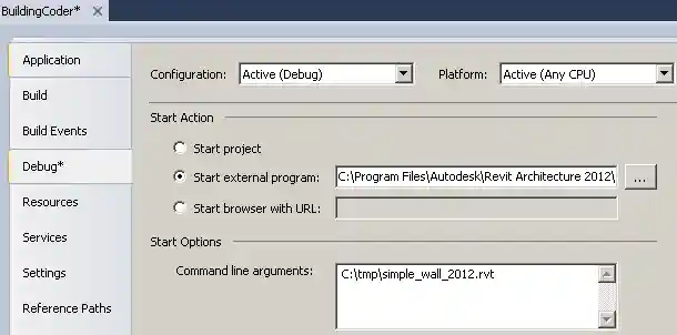 Debug start-up program and command line argument